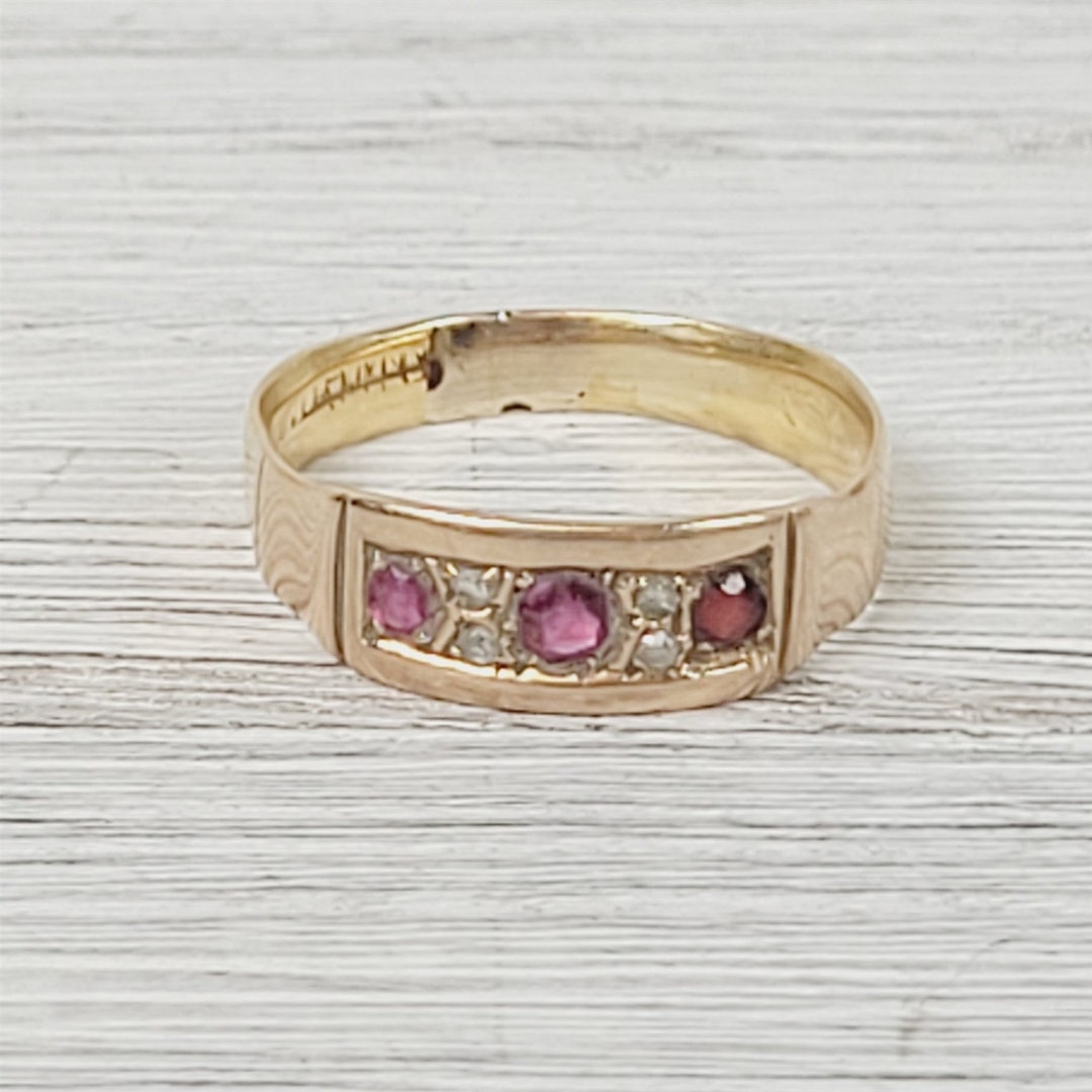 Victorian Ruby Diamond 14K Yellow Gold Band Ring 7 Simple Antique ...