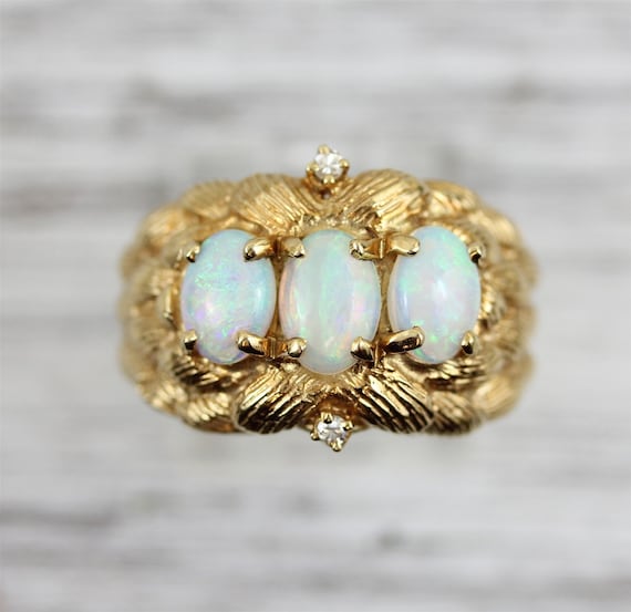 Vintage 3 Stone Opal 14K Yellow Gold Diamond Ring… - image 1
