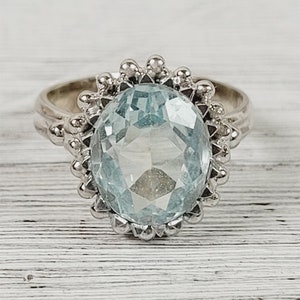 Vintage Mid Century 18K White Gold 2.5 CT Aquamarine Ring Gemstone Cocktail 4.75 Luxury