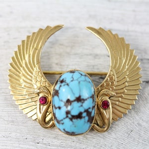 Antique Egyptian 18K Gold Turquoise Ruby Winged Serpent Snake Brooch Pin Luxury