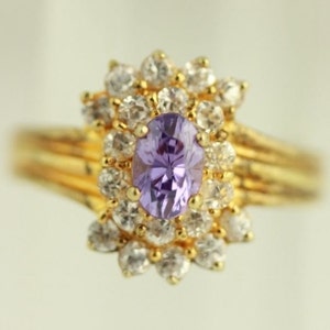 Vintage Size 7 Sterling Silver Ring Brilliant CZ Purple Clear Cocktail Gold Vermiel (ET23)