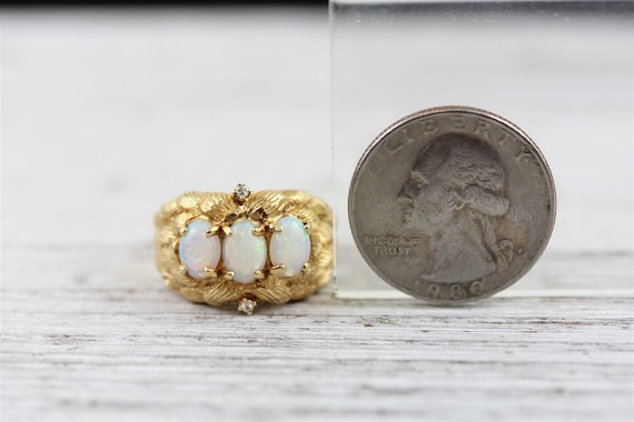 Vintage 3 Stone Opal 14K Yellow Gold Diamond Ring… - image 8