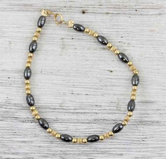 Vintage Hematite Ribbed Bead 14K Yellow Gold Brac… - image 2