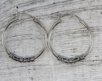 Vintage Sterling Silver 925 1&quot; Hoop Earrings Bali Wire Work Classic Staple
