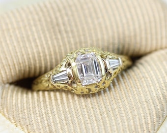 Edwardian 18K Yellow Gold .55 Ct Radiant Diamond Engagement Ring Wedding Filigree Luxury 4.5
