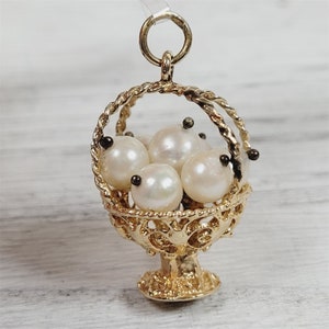 Vintage Basket 14K Yellow Gold Pearl Mid Century Charm Pendant Filigree Luxury