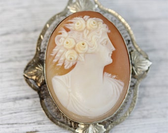 Antique 14K White Gold Carved Shell Cameo Brooch Filigree Pendant Lady Luxury