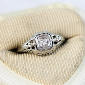 Edwardian 14K White Gold Diamond Engagement Ring Filigree Wedding Finest Luxury 4.5