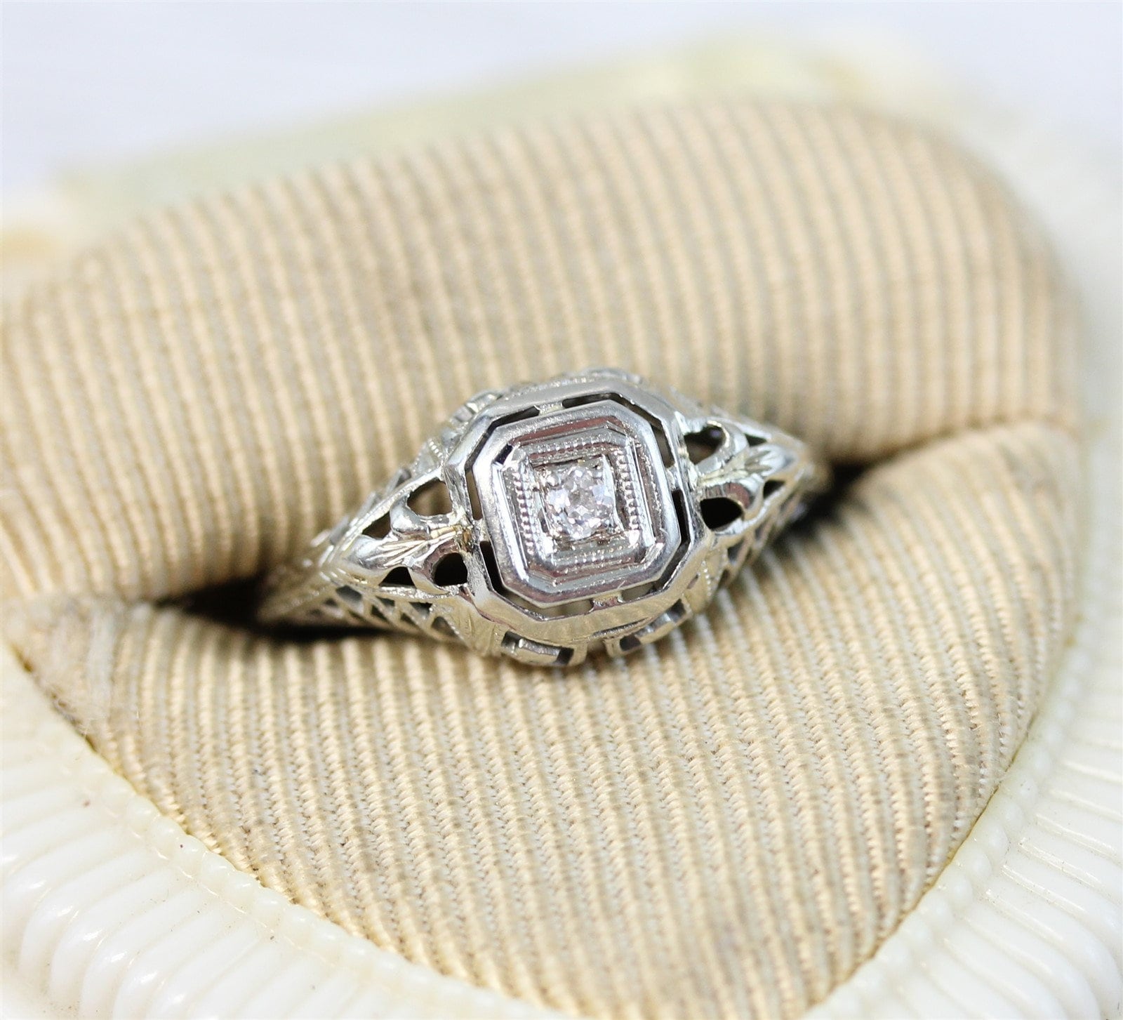 Edwardian 14K White Gold Diamond Engagement Ring Filigree Wedding Finest Luxury 4.5