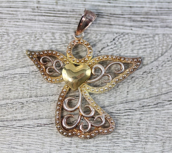 Vintage 10k Gold 925 Sterling Silver Heart Angel Pendant Filigree Luxury