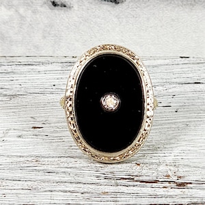 Art Deco Filigree 14K Yellow Gold Black Onyx Diamond Ring 3 Antique Luxury