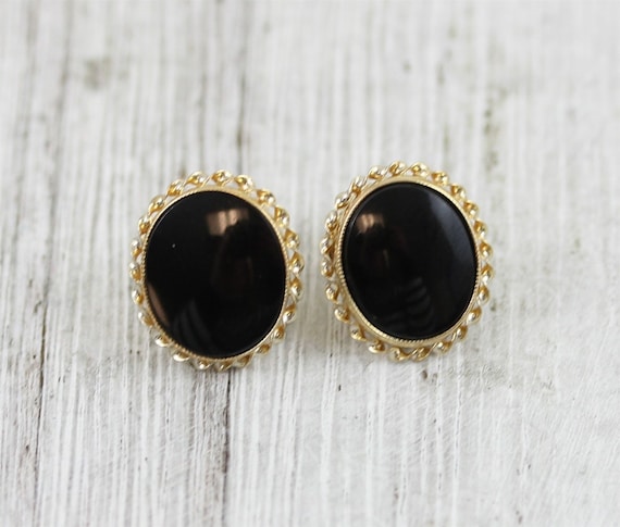 Vintage Retro BDA 10K Yellow Gold Black Onyx Stud… - image 1