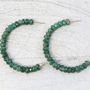 Vintage 14K Yellow Gold Emerald Rough Cut Hoop Earrings High End Luxury