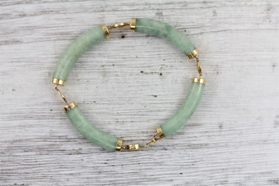 Vintage Asian 14K Gold Jade Green Bracelet Link C… - image 3