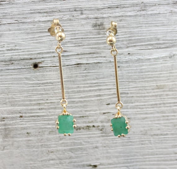 Vintage Emerald 14K Yellow Gold Dangle Earrings P… - image 1