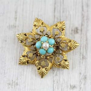 Vintage Victorian Revival 14K Yellow Gold Pearl Turquoise Brooch Pin Star Flower Luxury