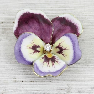 Victorian Pansy Purple 14K Yellow Gold Enamel Diamond Brooch Pin Flower Luxury