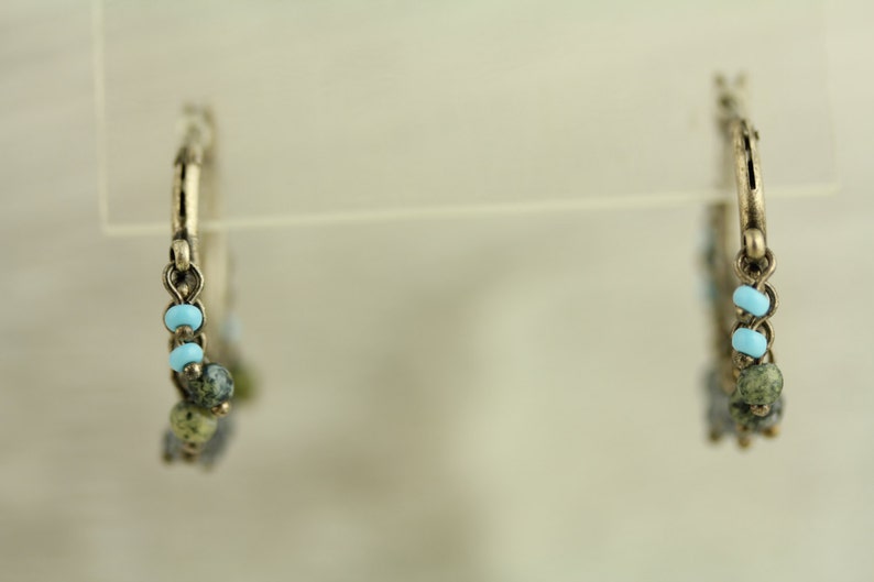 ET268 Vintage Dangle Hoop Crystal Stone Beads Sterling Silver Earrings