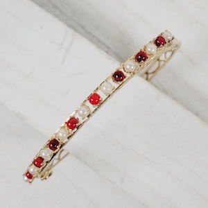 Vintage Victorian Revival 14K Yellow Gold Red White Hinged Bangle Bracelet 6.5&quot;