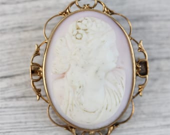 Antique 14K Yellow Gold Carved Shell Cameo Brooch Filigree Pretty Lady Luxury