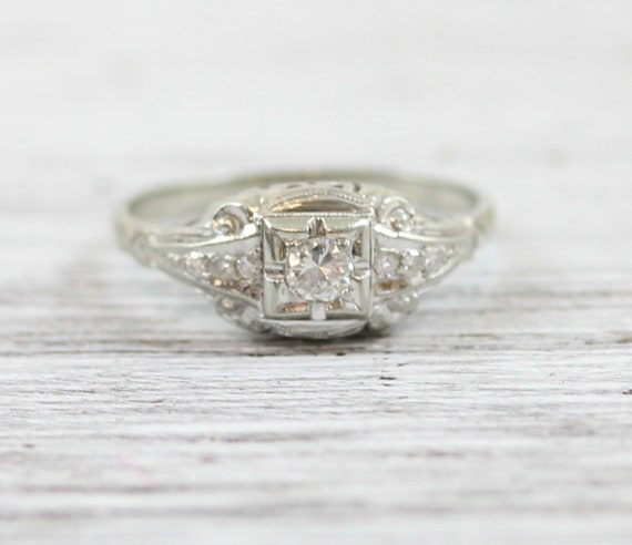 Edwardian .20 Ctw Diamond Engagement 18K White Go… - image 1