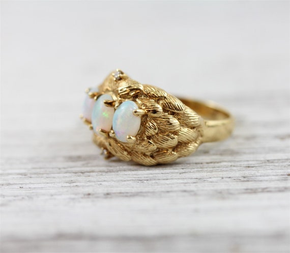 Vintage 3 Stone Opal 14K Yellow Gold Diamond Ring… - image 2