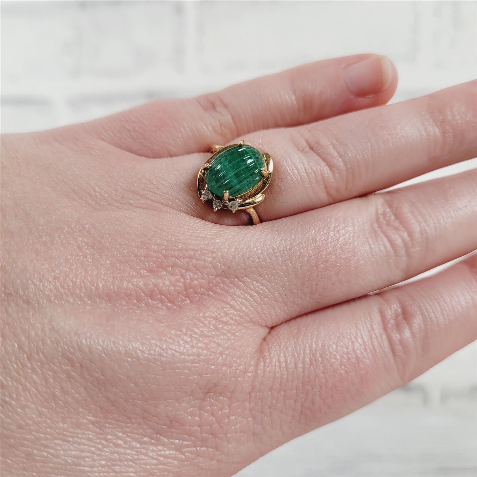 Bague En Or Jaune 14 Carats (585) Avec Vraie Jade Naturelle Et Diamant 0,10 Carat - Neuve Sans Boîte, Taille 54