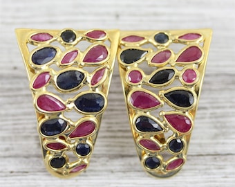 Vintage Gemstone Bezel Set 18K Yellow Gold Ruby Sapphire Earrings Italy Luxury