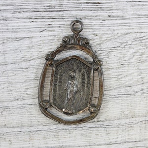 Art Deco Miraculous Mary Sterling Silver Medal Pendant Religious Catholic