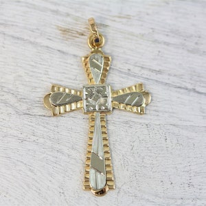 Vintage 18K Rose White Gold Cross Pendant Etched Deco Design Luxury