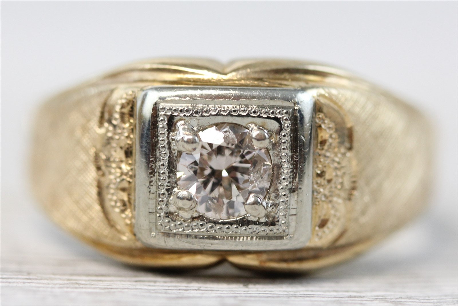 Vintage 14K Yellow Gold .50 CT Diamond Men's Ring Brushed | Etsy