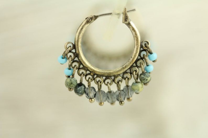 ET268 Vintage Dangle Hoop Crystal Stone Beads Sterling Silver Earrings
