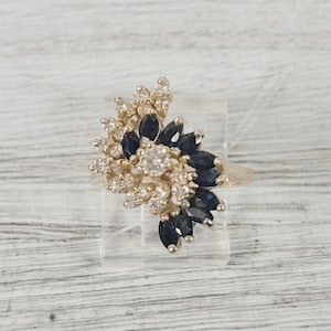 Vintage Diamond Blue Topaz 14K Yellow Gold Ring 6.25 Retro Luxury Design Pretty