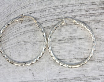 Vintage Sterling Silver 925 1 1/2&quot; Hoop Earrings Etched Classic Staple