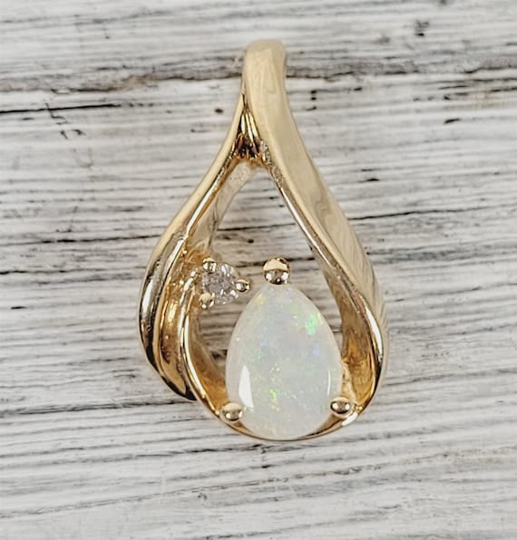 Vintage Fiery 14K Yellow Gold Opal Diamond Pendan… - image 1