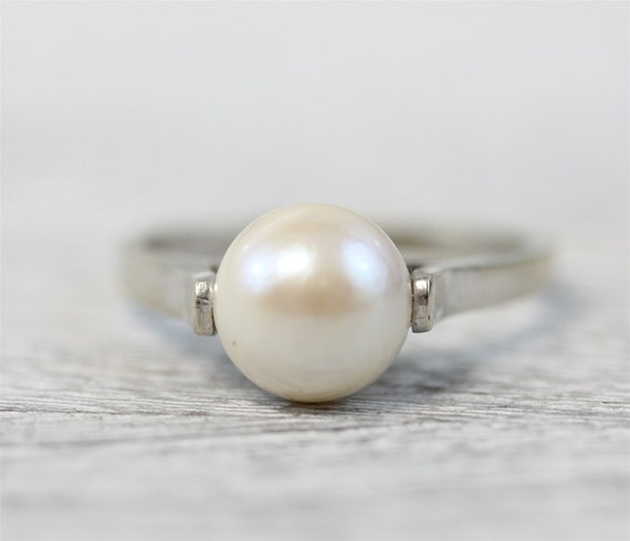 Vintage 14K White Gold 8.1mm Pearl Ring Mid Centu… - image 3
