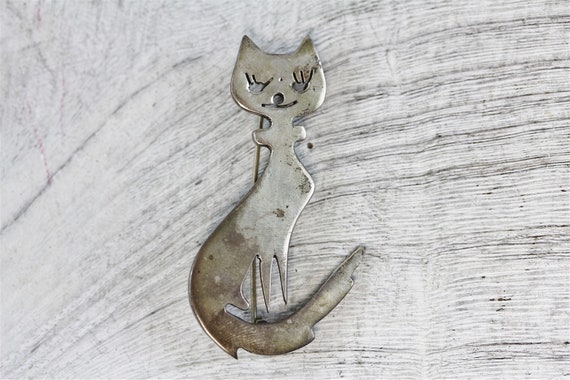 Vintage Mexico Sterling Silver 925 Cat Brooch Pin… - image 1