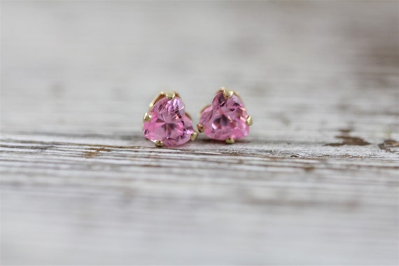 Vintage Pink CZ Heart 14K Yellow Gold Stud Earrin… - image 2