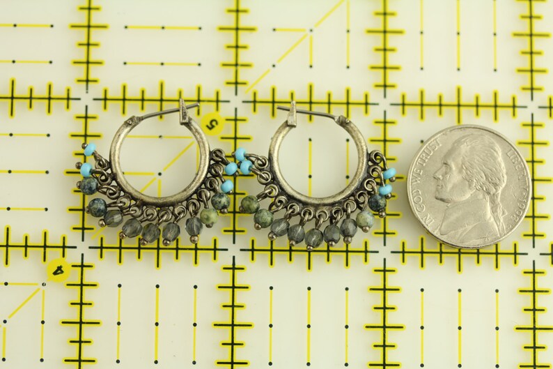 ET268 Vintage Dangle Hoop Crystal Stone Beads Sterling Silver Earrings