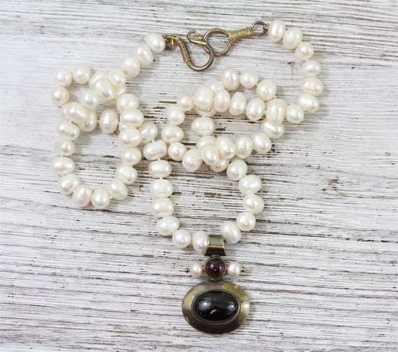 Vintage Designer Sterling Silver 925 Pearl Garnet Amethyst Necklace Pendant Pretty 18.5" Classic Staple