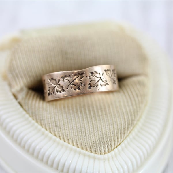 Victorian Cigar Band Embossed Leaves 10K Rose Gold Band Ring Stack Antique Luxury (7)
