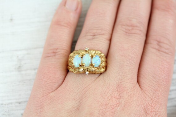 Vintage 3 Stone Opal 14K Yellow Gold Diamond Ring… - image 7