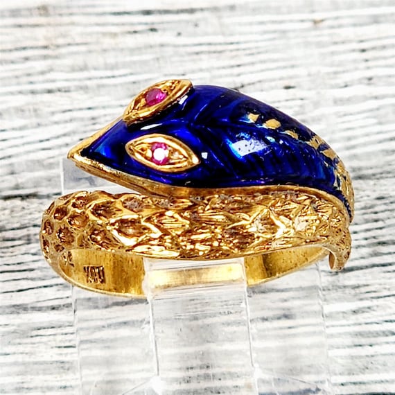 Enamel Antique Ouroboros Ring Vintage 18K Yellow Gold Blue Enamel