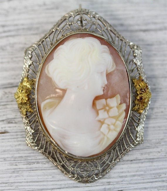 Edwardian 14K White Yellow Gold Carved Shell Cameo