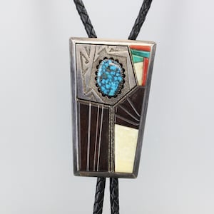 Vintage Richard Tsosie Navajo Indian Sterling Silver Inlay Bolo Necklace Rare Big Bold Important Art