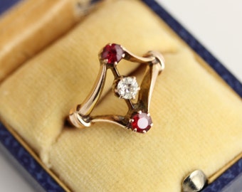 Victorian 14K Rose Gold Diamond Garnet Ring 3 Stone Sz 6 Amazing Quality Design Very Unique Piece So Beautiful (ET588)