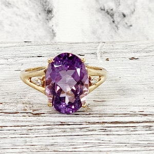 Vintage 10K Yellow Amethyst Diamond Gold Ring 8.5 Statement Luxury Design Pretty