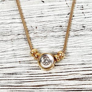 Vintage 14K Yellow Gold Diamond Pendant Snake Chain Necklace 18&quot; Bezel Set Classic Beautiful