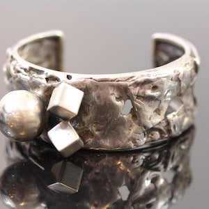 Vintage Rachel Gera Sterling Silver 925 Gold Brutalist Cuff Bracelet Modernist Cube Ball Signed