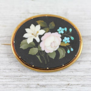 Antique Pietra Dura Inlay Flower 14K Yellow Gold Turquoise agate Brooch Pin Big Pretty Victorian Luxury